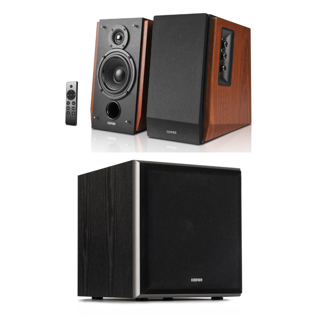 Edifier R1700BTs Active Bookshelf Speaker - Pair (Brown) + Edifier T5 8" 70W Subwoofer (Black)