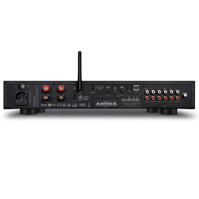 Audiolab 7000CDT CD Transport (Black) + Audiolab 7000A Integrated Amplifier (Black) + Wharfedale Linton 3-way standmount speaker with stands - Pair (Black)