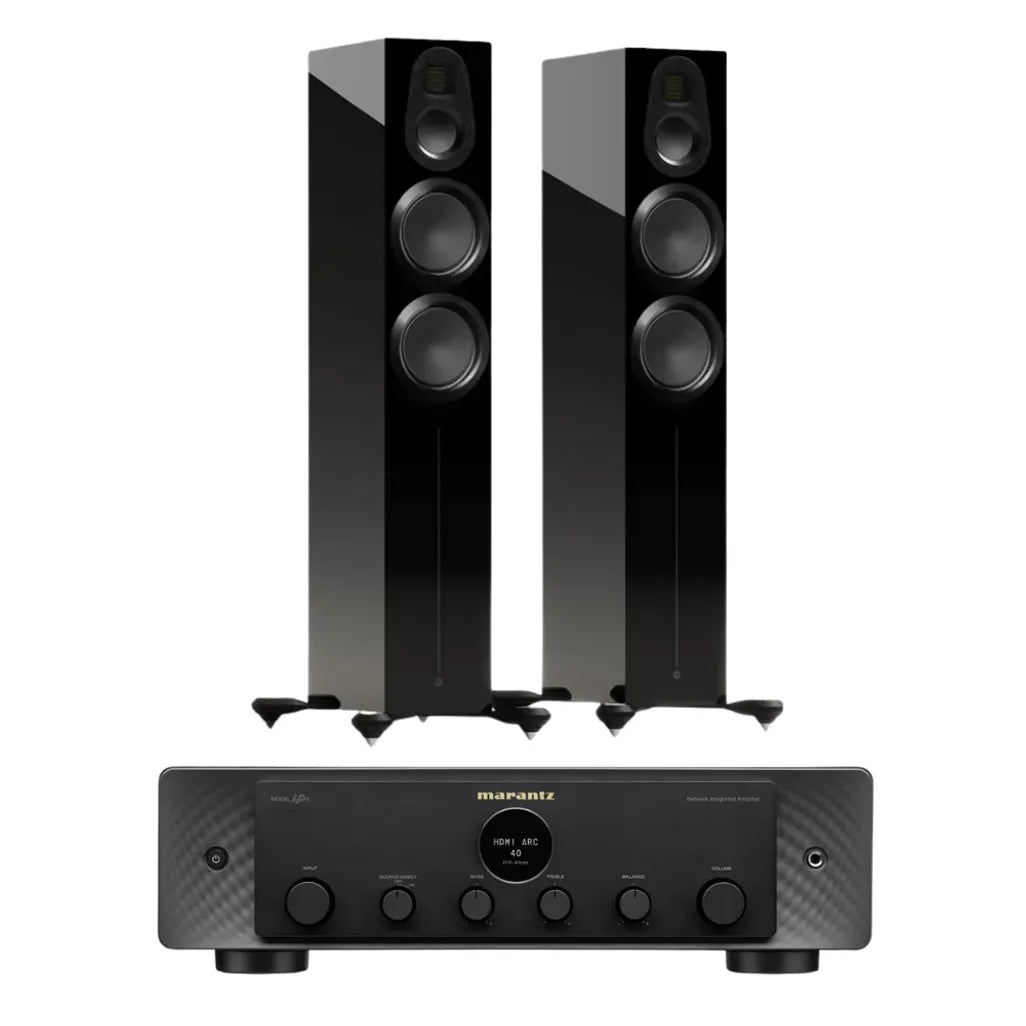 Monitor Audio Gold 300 6G Floorstanding Speakers - Pair (Gloss Black) + Marantz MODEL40N Integrated Stereo Amplifier (Black)