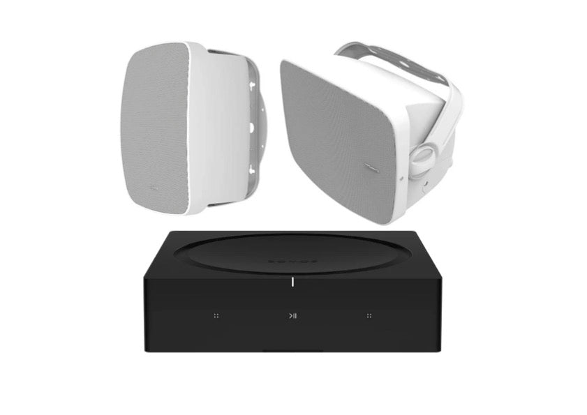 Klipsch RSM-525 Indoor / Outdoor Residential Surface Mount Speakers - Pair (White) + SONOS Amp Stereo Amplifier (Black)