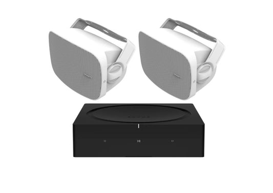 Klipsch RSM-650 Indoor / Outdoor Residential Surface Mount Speakers - Pair (White) + SONOS Amp Stereo Amplifier (Black)