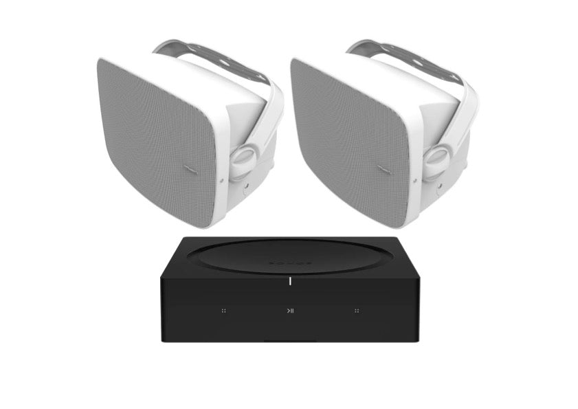 Klipsch RSM-800 Indoor / Outdoor Residential Surface Mount Speakers - Pair (White) + SONOS Amp Stereo Amplifier (Black)