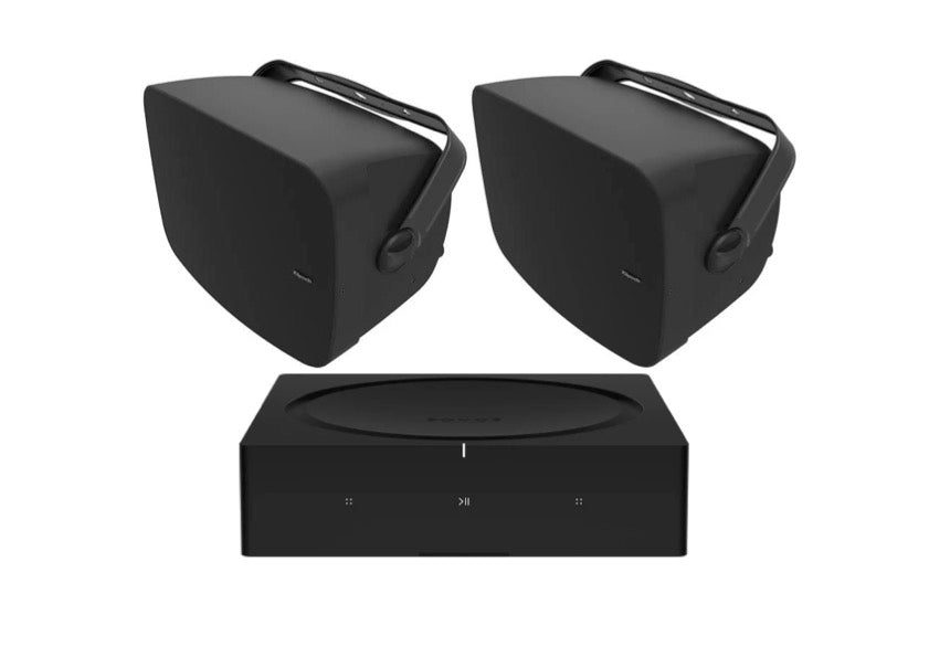 Klipsch RSM-650 Indoor / Outdoor Residential Surface Mount Speakers - Pair (Black) + SONOS Amp Stereo Amplifier (Black)