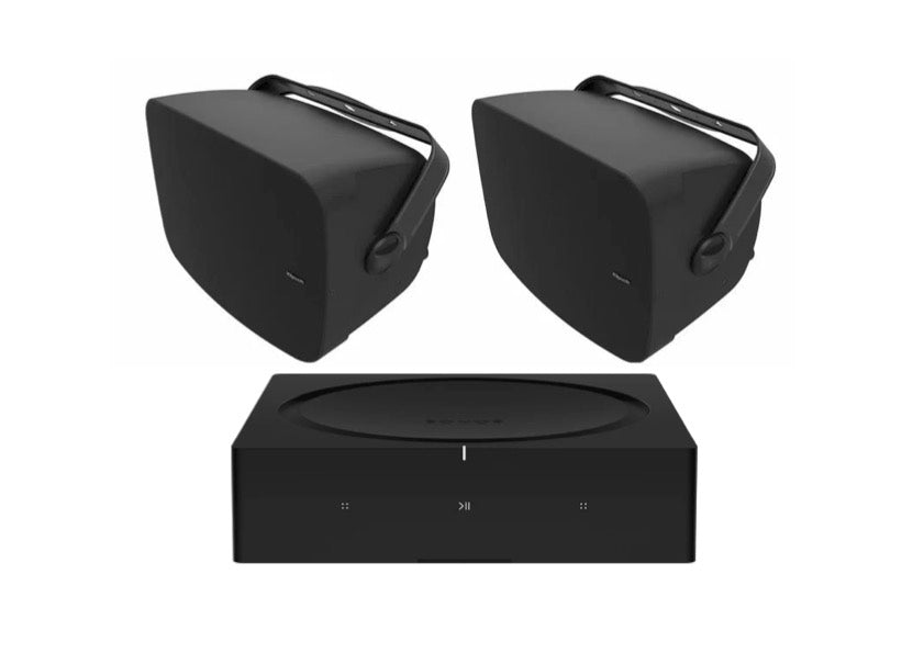 Klipsch RSM-525 Indoor / Outdoor Residential Surface Mount Speakers - Pair (Black) + SONOS Amp Stereo Amplifier (Black)