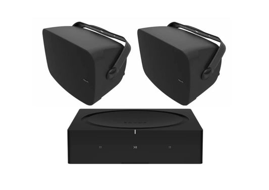 Klipsch RSM-525 Indoor / Outdoor Residential Surface Mount Speakers - Pair (Black) + SONOS Amp Stereo Amplifier (Black)