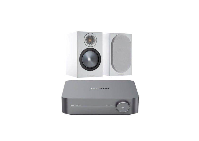 Monitor Audio Bronze 50 Bookshelf Speakers (White) + WiiM Amp (Grey)