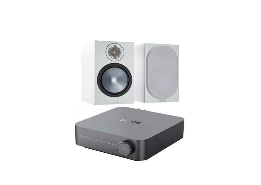 Monitor Audio Bronze 100 Bookshelf Speakers (White) + WiiM Amp (Grey)