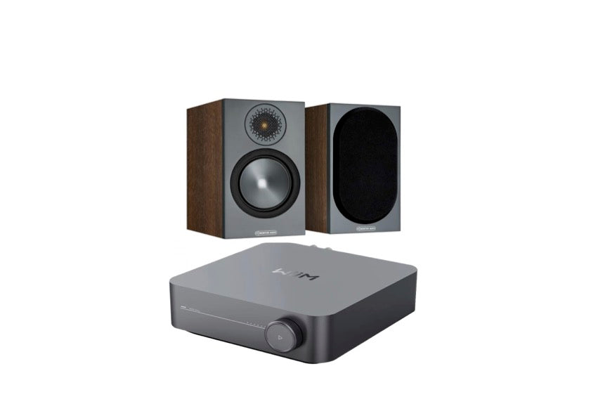 Monitor Audio Bronze 50 Bookshelf Speakers (Walnut) + WiiM Amp (Grey)