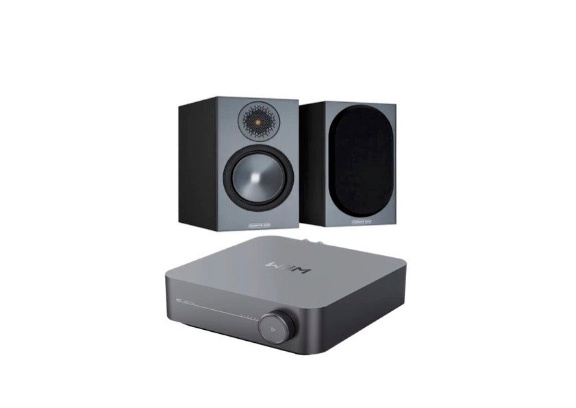 Monitor Audio Bronze 50 Bookshelf Speakers (Black) + WiiM Amp (Grey)