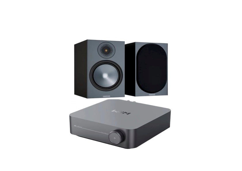 Monitor Audio Bronze 100 Bookshelf Speakers (Black) + WiiM Amp (Grey)