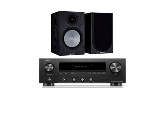 Denon DRA-900H Stereo Receiver (Black) + Monitor Audio Silver 100 7G Bookshelf Speakers - Pair (Black Oak)