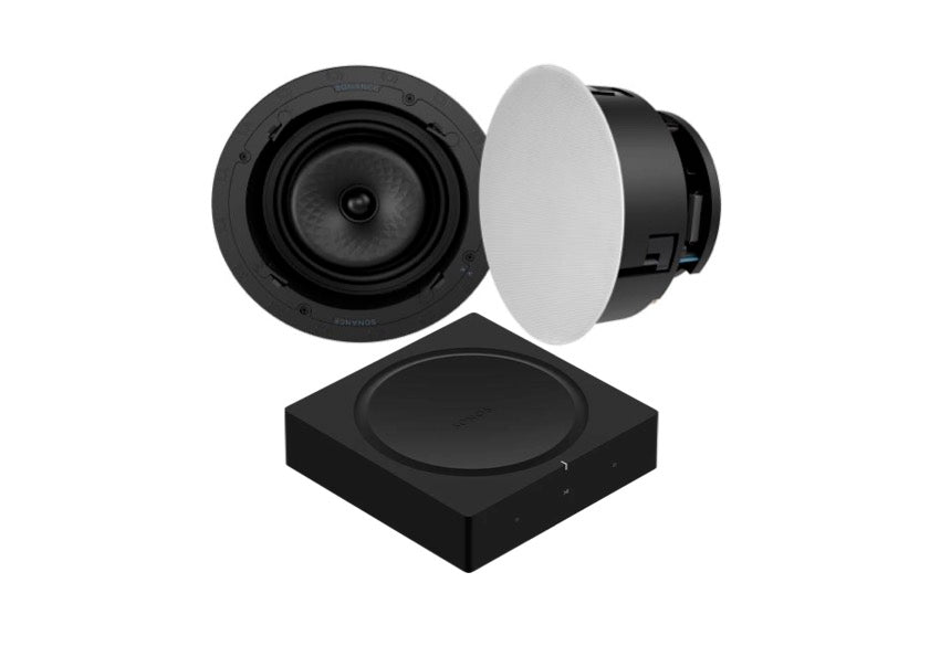 SONANCE VX82R 8" Round In-Ceiling Speaker - Pair (White) + SONOS Amp Stereo Amplifier (Black)