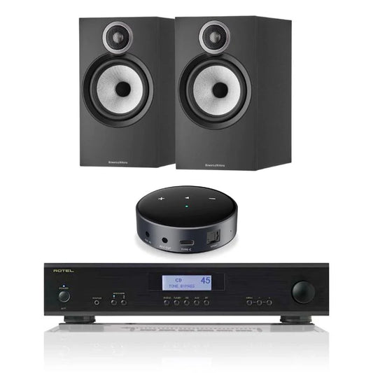 Bowers & Wilkins 606 S3 Bookshelf Speakers (Pair) + Rotel A11 MKII Amplifier + Wiim Mini Streamer - Black