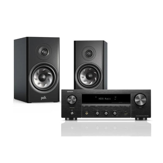 Polk Reserve R200 Bookshelf Speakers - Pair (Black) + Denon DRA-900H Stereo Receiver (Black)
