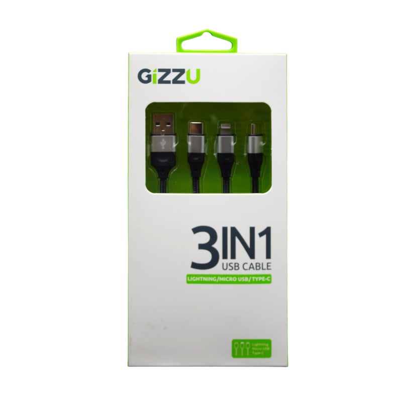 GIZZU 3in1 USB to Micro USB/Type-C/Lightning 1.2m Cable – Black