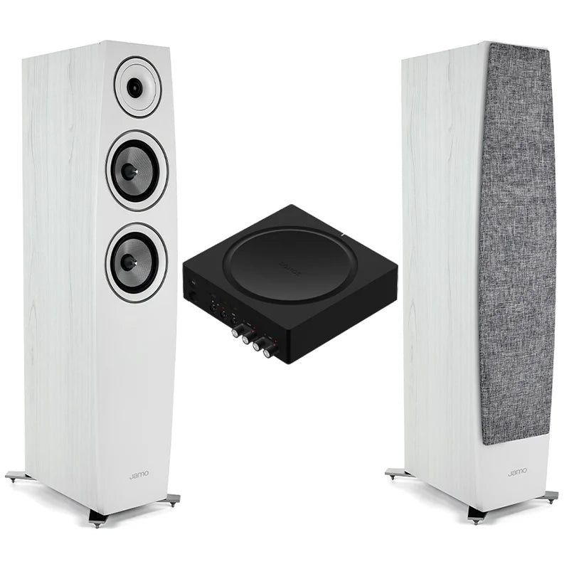 Jamo C95 II Floorstanding Speakers (White) + Sonos Amp Stereo Amplifier (Black)