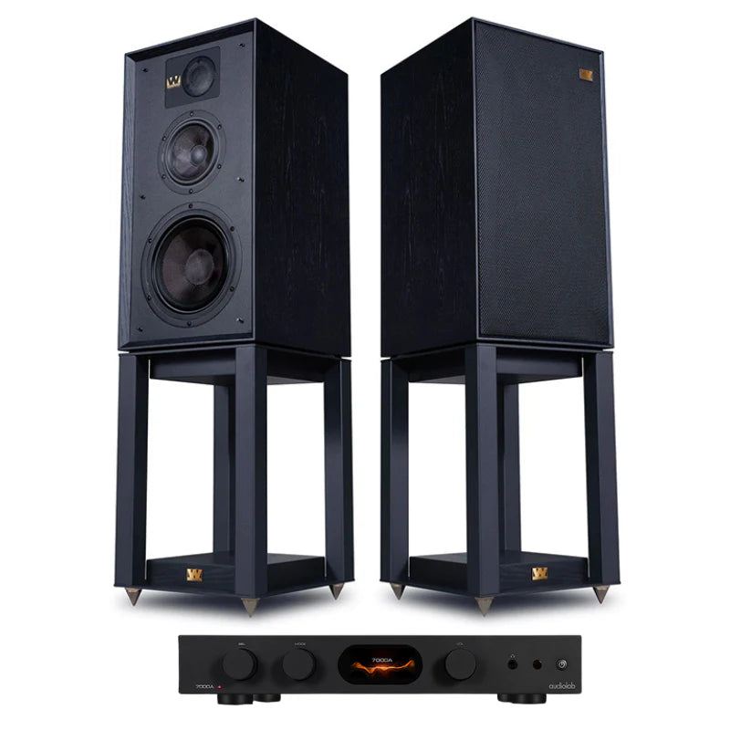 Audiolab 7000A Integrated Amplifier (Black) + Wharfedale Linton 3-way standmount speaker with stands - pair (Black)