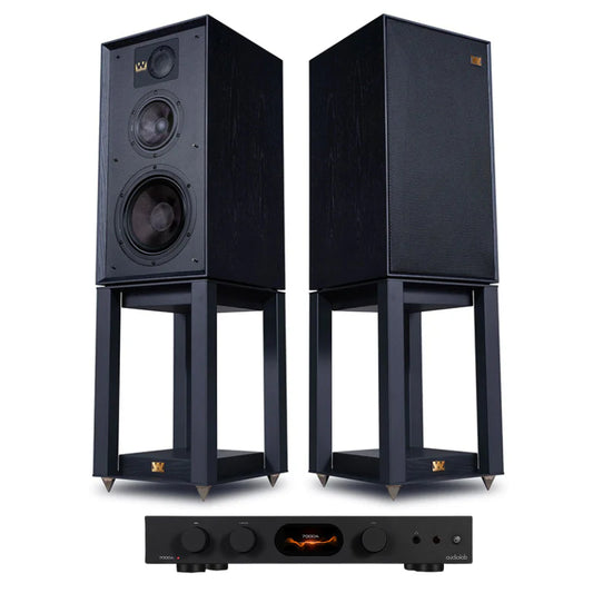 Audiolab 7000A Integrated Amplifier (Black) + Wharfedale Linton 3-way standmount speaker with stands - pair (Black)