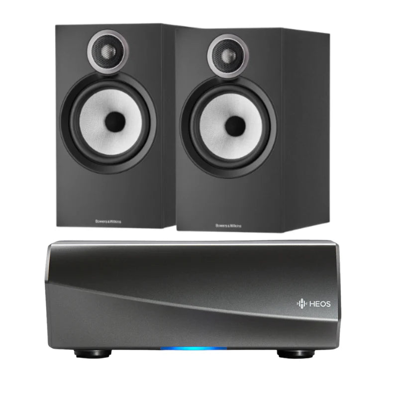 Bowers & Wilkins 606 S3 Bookshelf Speaker - Pair (Black) + Denon HEOS Amp HS2 (Silver)