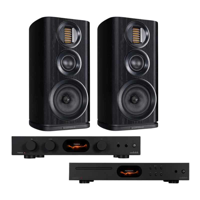 Audiolab 7000A Integrated Amplifier (Black) + Audiolab 7000CDT CD Transport (Black) + Wharfedale EVO4.2 Bookshelf Speakers - Pair (Black)
