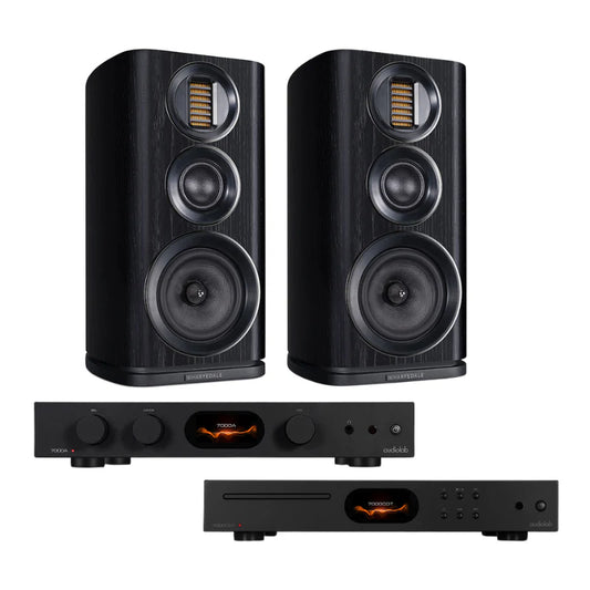 Audiolab 7000A Integrated Amplifier (Black) + Audiolab 7000CDT CD Transport (Black) + Wharfedale EVO4.2 Bookshelf Speakers - Pair (Black)