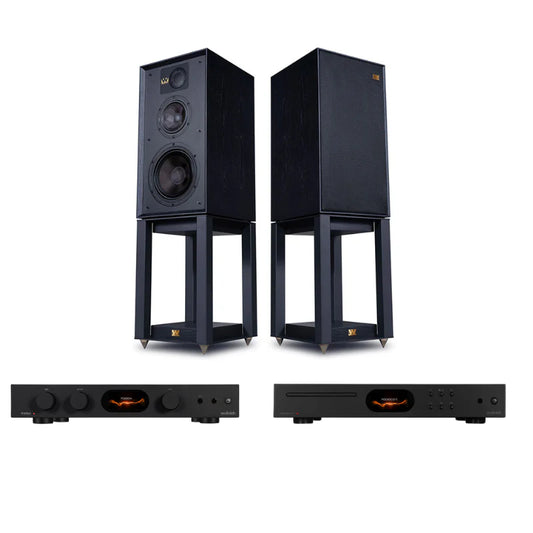 Audiolab 7000CDT CD Transport (Black) + Audiolab 7000A Integrated Amplifier (Black) + Wharfedale Linton 3-way standmount speaker with stands - Pair (Black)