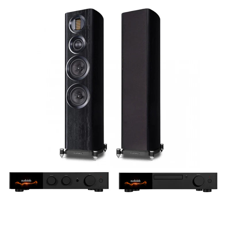 Audiolab 9000CDT CD Transport (Black) + Audiolab 9000A Integrated Amplifier (Black) + Wharfedale EVO4.3 Floorstanding Speakers - Pair (Black)
