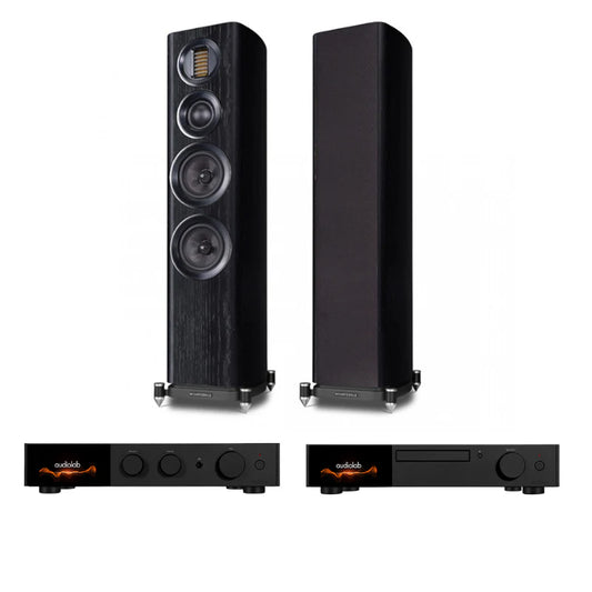 Audiolab 9000CDT CD Transport (Black) + Audiolab 9000A Integrated Amplifier (Black) + Wharfedale EVO4.3 Floorstanding Speakers - Pair (Black)