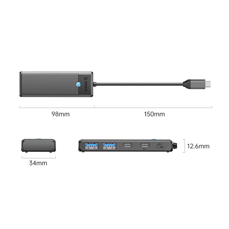 ORICO PW Series 4-Port USB3.0 Hub | Type-C | USB-A3.0 x 2 (5GBPS Sharing) | USB-C3.0 x 1 (5GBPS) | USB-C x 1 (PD100W) | 15cm | Black