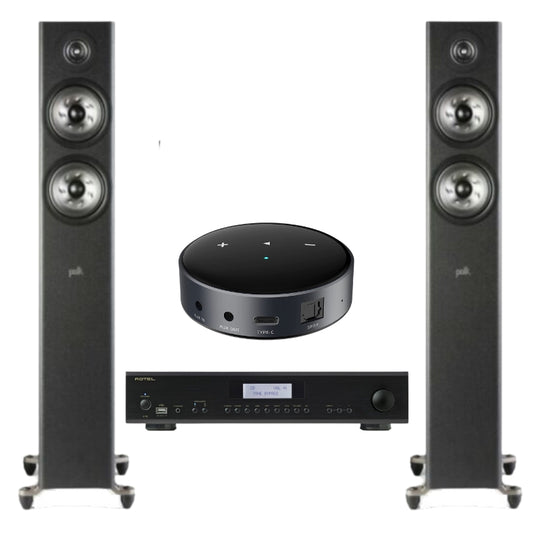Polk Audio R500 Floorstanding Speaker (Pair) + Rotel A12 MKII Amplifier with FREE Wiim Mini Streamer - Black