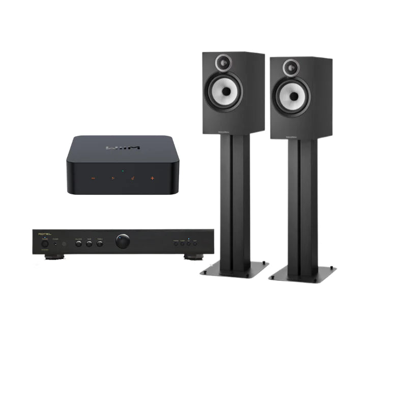 Bowers & Wilkins 606 S3 Bookshelf Speakers (Black) + WiiM Pro Plus Streamer (Black) + Rotel A11 MKII Amplifier (Black)