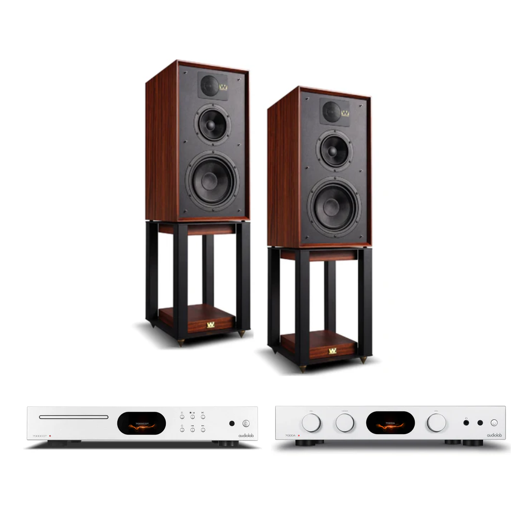 Audiolab 7000CDT CD Transport (Silver) + Audiolab 7000A Integrated Amplifier (Silver) + Wharfedale Linton 3-way standmount speaker with stands - Pair