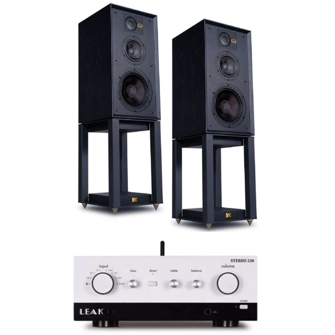Wharfedale Linton 3-way standmount speaker with stands - Pair (Black) + Leak Stereo 230 Integrated Amplifier (Silver)