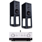 Wharfedale Linton 3-way standmount speaker with stands - Pair (Black) + Leak Stereo 230 Integrated Amplifier (Silver)