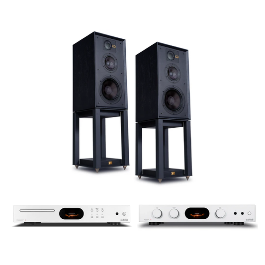 Audiolab 7000CDT CD Transport (Silver) + Audiolab 7000A Integrated Amplifier (Silver) + Wharfedale Linton 3-way standmount speaker with stands - Pair