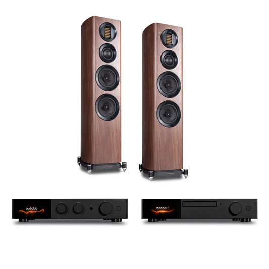 Audiolab 9000CDT CD Transport (Black) + Audiolab 9000A Integrated Amplifier (Black) + Wharfedale EVO4.3 Floorstanding Speakers - Pair (Brown)