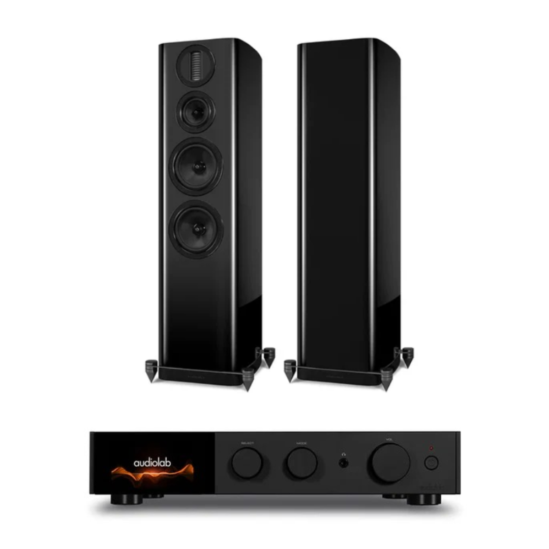 Audiolab 9000A Integrated Amplifier (Black) + Wharfedale Aura 4 Floorstanding Speakers - Pair (Black)