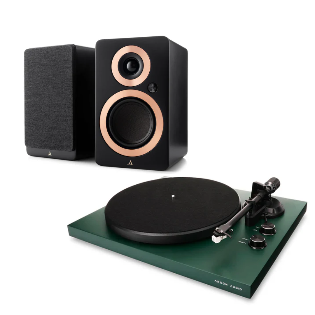 Argon Audio Forte A4 MK2 Bluetooth Active Speakers - Pair (Black) + Argon Audio TT MK2 Turntable - Black