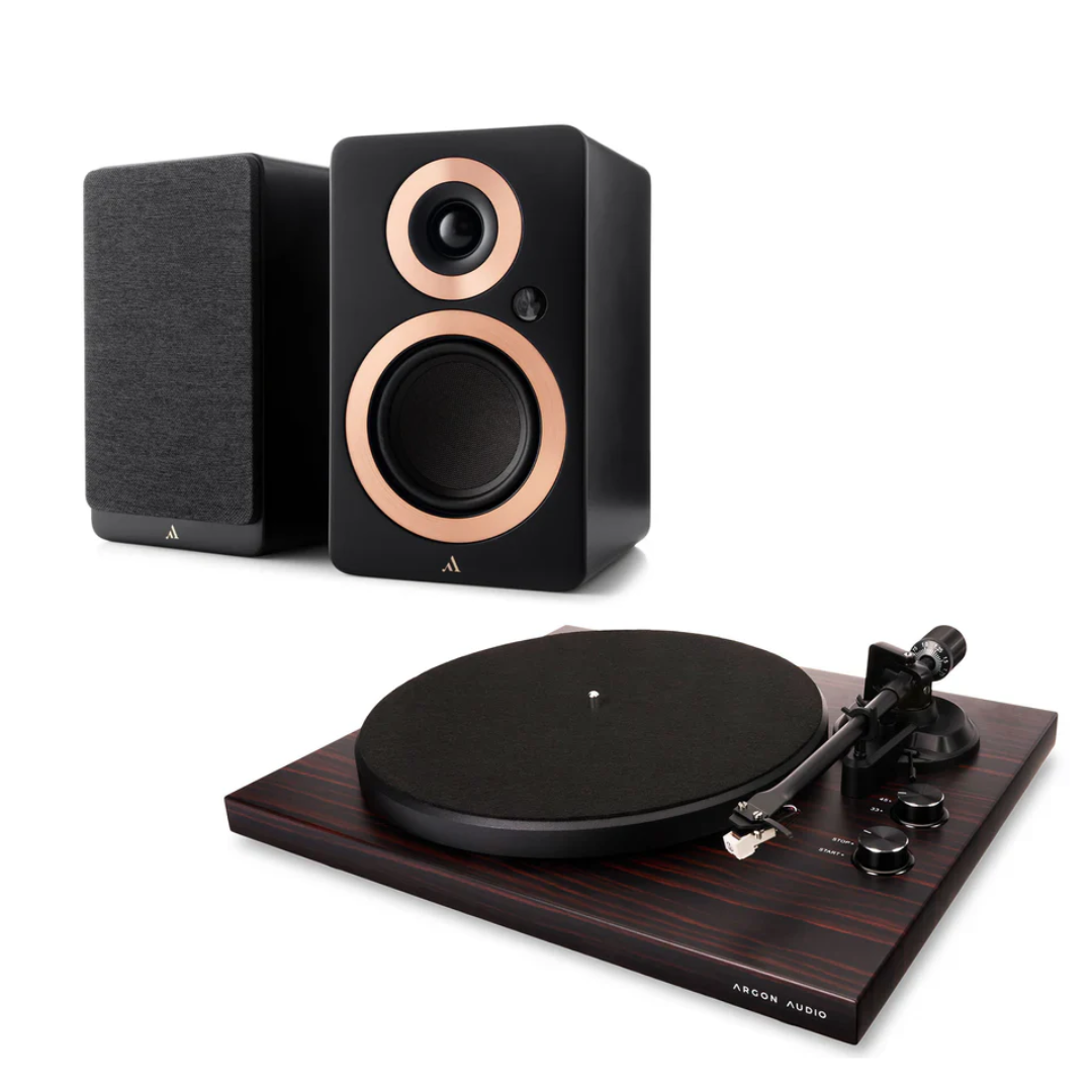 Argon Audio Forte A4 MK2 Bluetooth Active Speakers - Pair (Black) + Argon Audio TT MK2 Turntable - Black