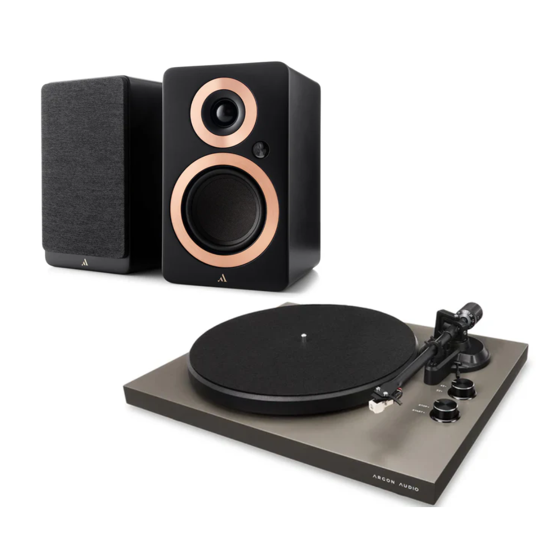 Argon Audio Forte A4 MK2 Bluetooth Active Speakers - Pair (Black) + Argon Audio TT MK2 Turntable - Black