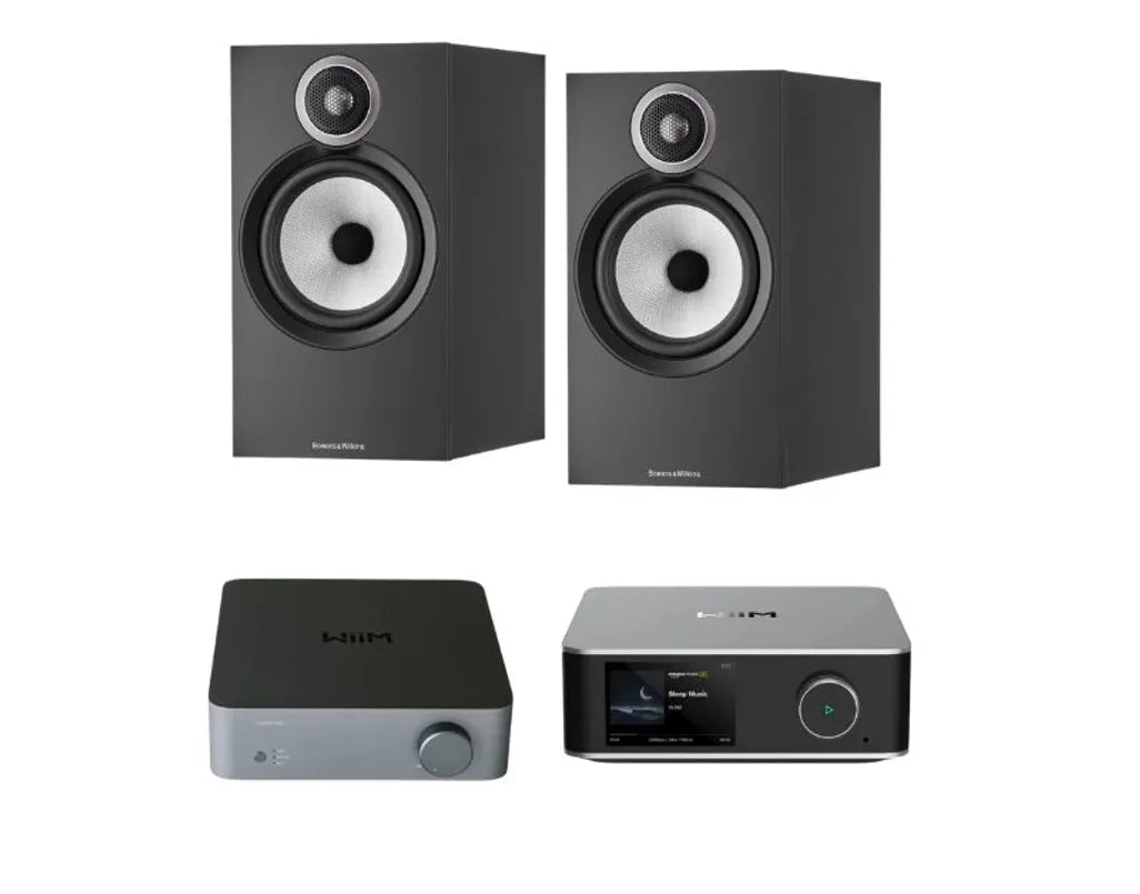 Bowers & Wilkins 606 S3 Bookshelf Speaker - Pair (Black) + Wiim Ultra Streamer (Grey) + WIIM Vibelink Amp (Grey)