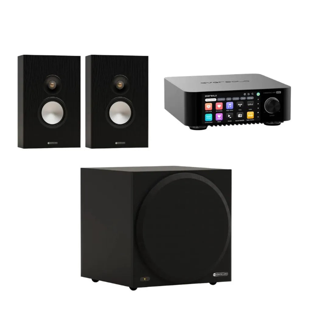 Monitor Audio Bronze 7G On-Wall Speaker - Pair (Black) + Monitor Audio Vestra W10 Subwoofer (Black) + Eversolo PLAY Streaming Amplifier (Black)