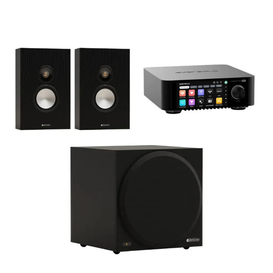 Monitor Audio Bronze 7G On-Wall Speaker - Pair (Black) + Monitor Audio Vestra W10 Subwoofer (Black) + Eversolo PLAY Streaming Amplifier (Black)