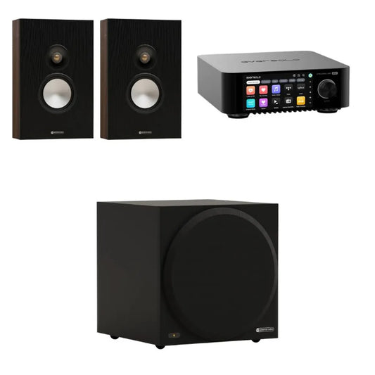 Monitor Audio Bronze 7G On-Wall Speaker - Pair (Walnut) + Monitor Audio Vestra W10 Subwoofer (Black) + Eversolo PLAY Streaming Amplifier (Black) (Copy) (Copy)