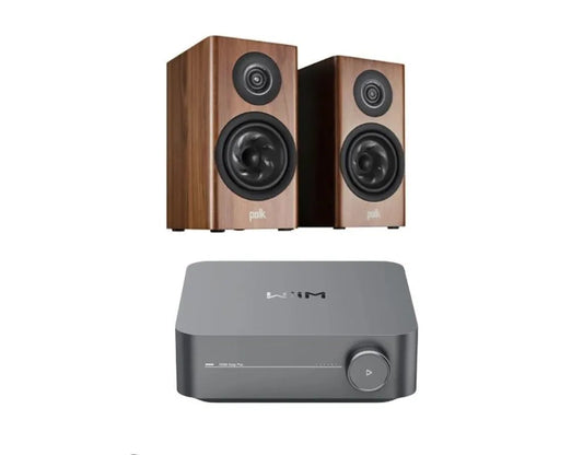 Polk Reserve R100 Bookshelf Speakers - Pair (Walnut) + WiiM Amp Pro Multiroom Streaming Amplifier (Silver)