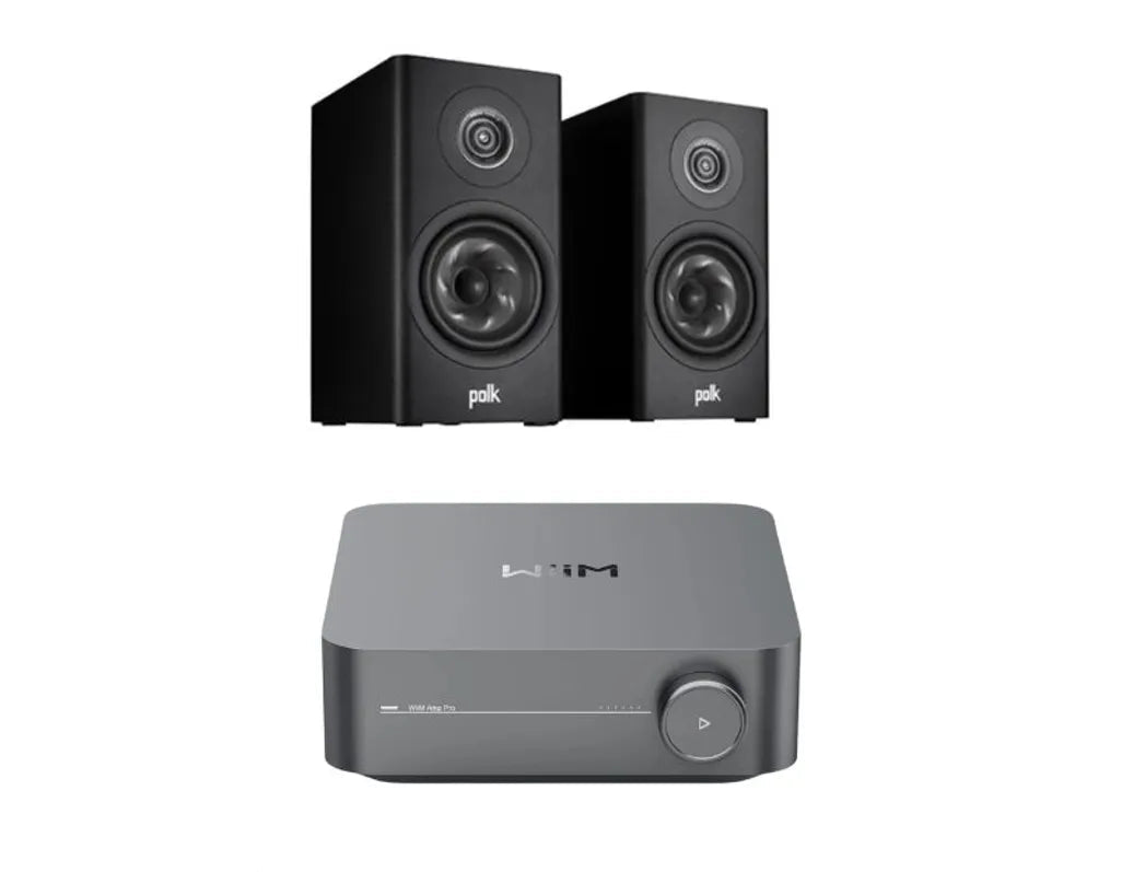 Polk Reserve R100 Bookshelf Speakers - Pair (Black) + WiiM Amp Pro Multiroom Streaming Amplifier (Silver)