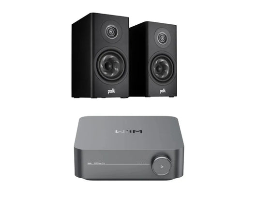 Polk Reserve R100 Bookshelf Speakers - Pair (Black) + WiiM Amp Pro Multiroom Streaming Amplifier (Silver)