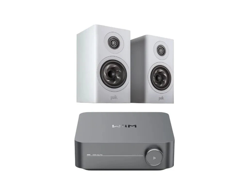 Polk Reserve R100 Bookshelf Speakers - Pair (White) + WiiM Amp Pro Multiroom Streaming Amplifier (Silver)