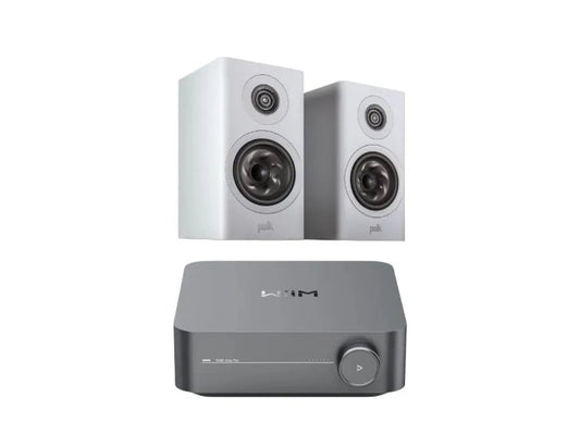 Polk Reserve R100 Bookshelf Speakers - Pair (White) + WiiM Amp Pro Multiroom Streaming Amplifier (Silver)