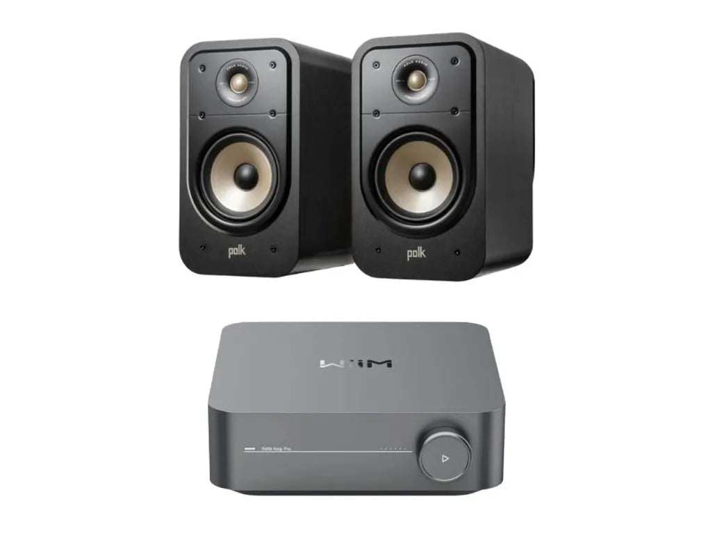Polk Audio Signature Elite ES20 Bookshelf Speaker (Black) + Wiim Amp Pro Streaming Amplifier (Silver)